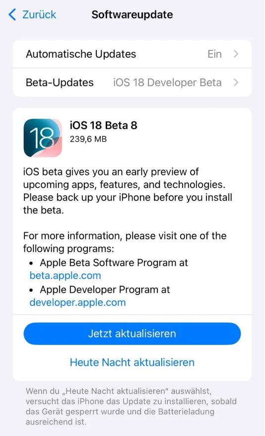 浮梁苹果手机维修分享苹果 iOS / iPadOS 18 开发者预览版 Beta 8 发布 